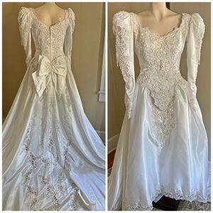 Vintage 80s Puff Sleeve Satin Wedding Dress Lace Beaded Gown Cathedral Train